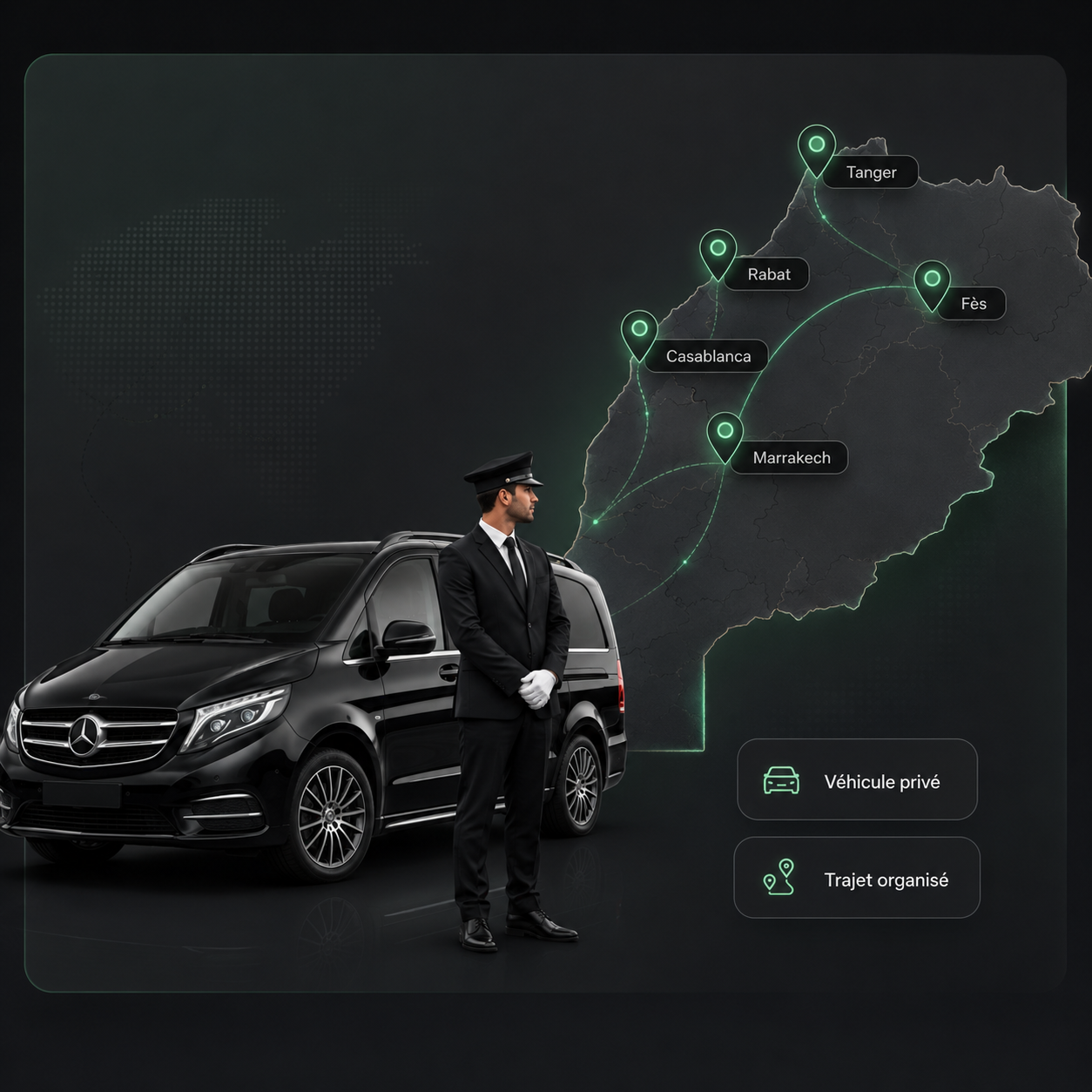 Transport privé haut de gamme au Maroc avec chauffeur, véhicule privé et carte des villes desservies