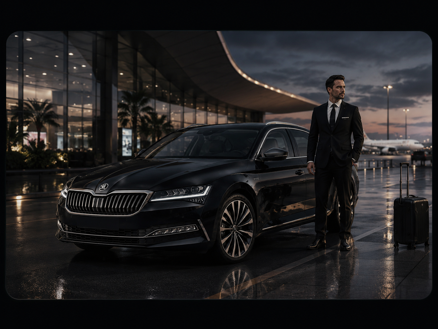 Skoda Superb noire avec chauffeur devant un terminal aéroportuaire pour service de transfert aéroportuaire privé
