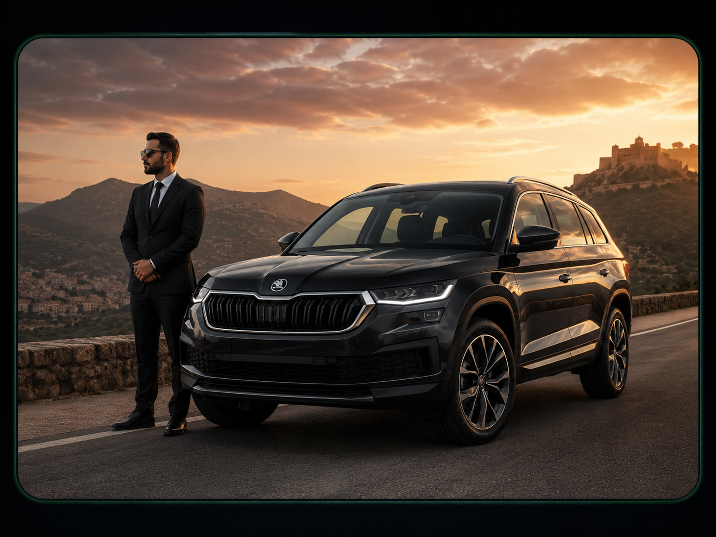 Skoda Kodiaq noire avec chauffeur pour service de transfert intervilles au Maroc